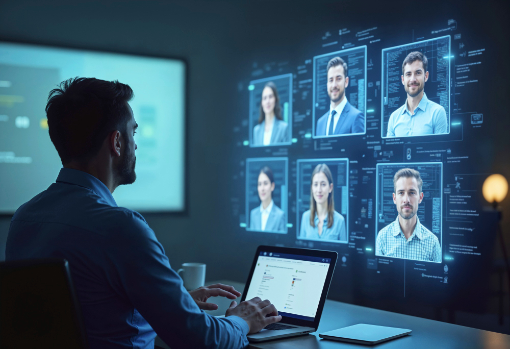 Profissional de RH usando tecnologia de automação para análise de candidatos em um processo seletivo digital, com perfis exibidos em uma interface futurista.