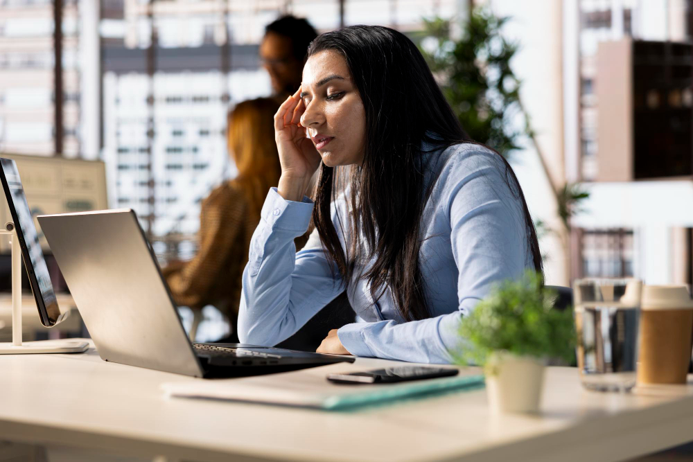 Mulher em escritório com expressão de estresse, mão na testa, em frente a laptop. Ilustra o esgotamento e a insatisfação no trabalho.