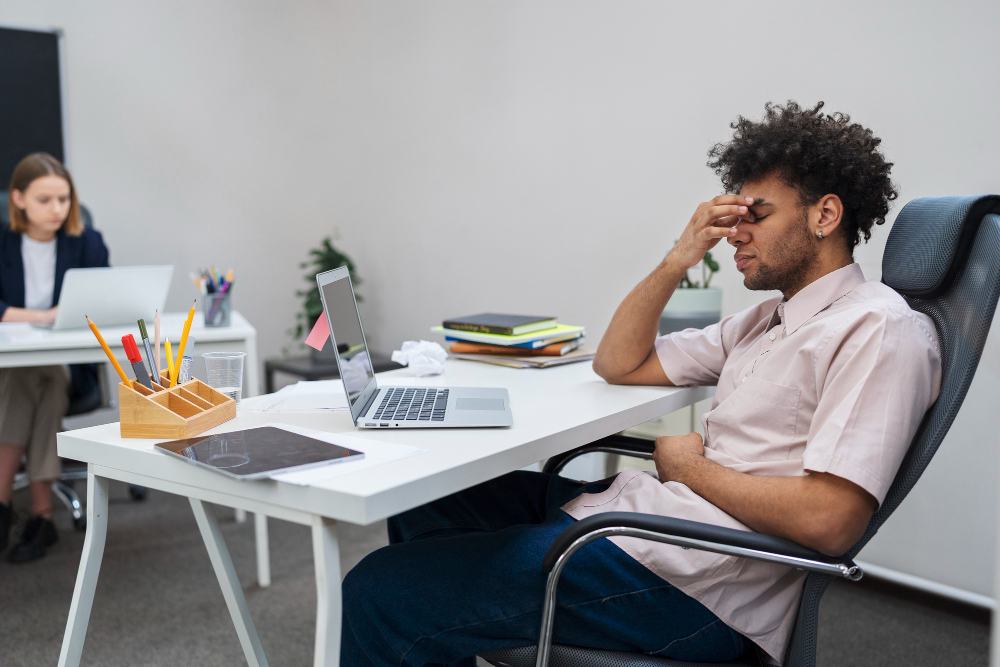 Homem sentado em frente ao computador, com expressão de preocupação e mão no rosto, representando as consequências de esquecer de bater o ponto no trabalho.