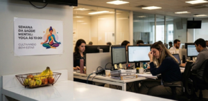 Escritório com campanha de saúde mental e funcionária sobrecarregada.