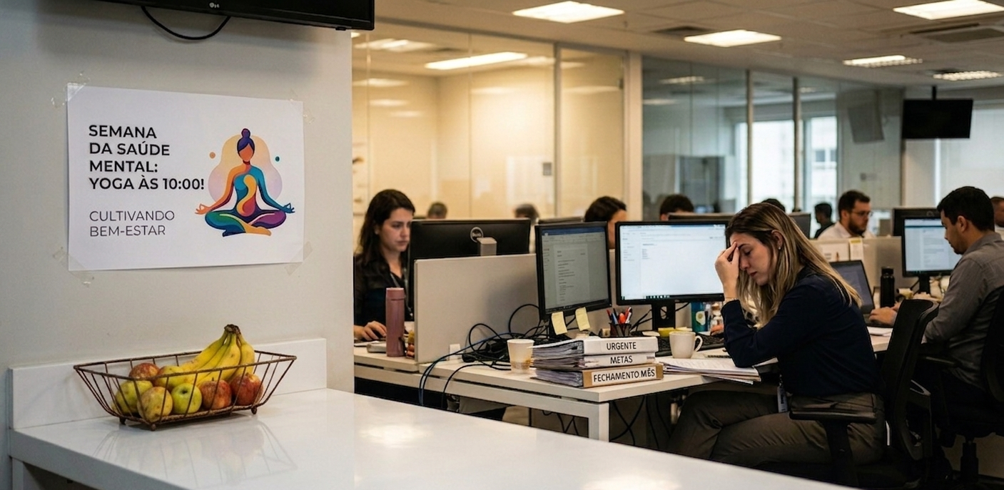 Escritório com campanha de saúde mental e funcionária sobrecarregada.