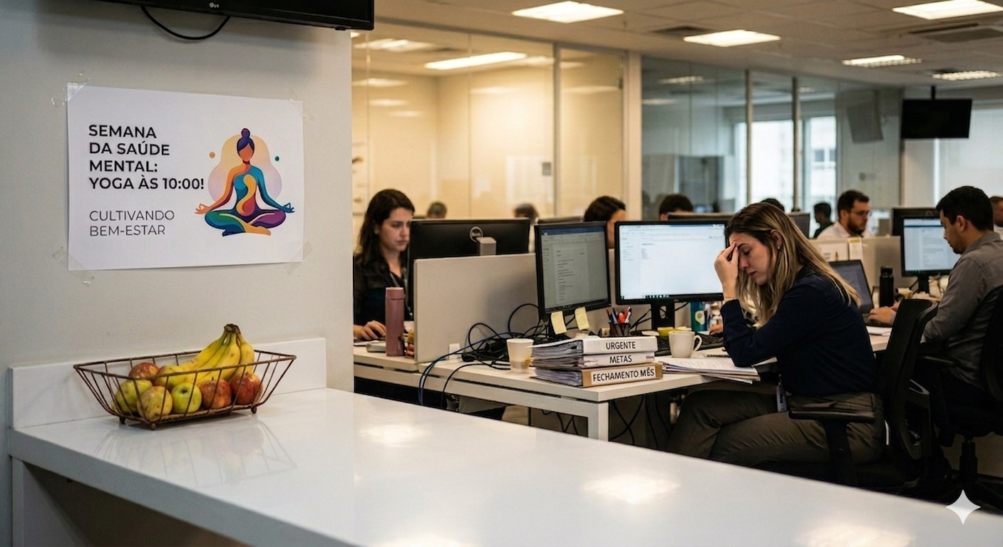 Escritório com campanha de saúde mental e funcionária sobrecarregada.