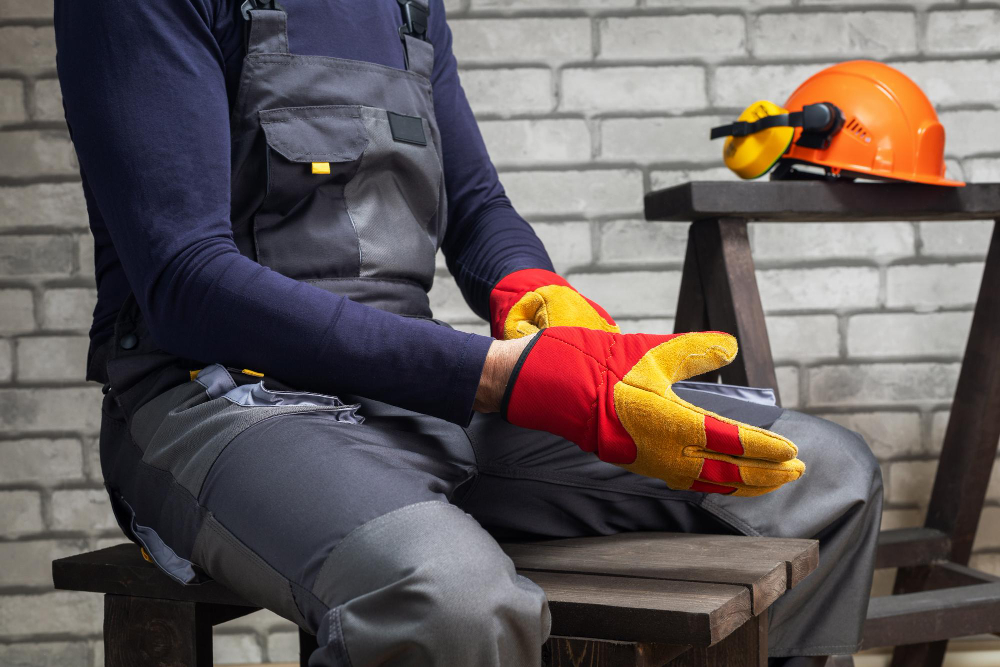 Trabalhador vestindo uniforme cinza e calçando luvas de proteção amarela e vermelha. Ao fundo, capacete de segurança laranja.