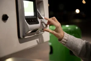 Pessoa utilizando um terminal de autoatendimento em uma estação de recarga.